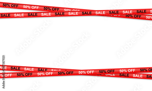Sale and Discount 50 Percent off Red Tape Lines Crossing red ribbon of caution Sale item sign for web banner Marketing Black Friday flash sale Shopping sticker and badge for merchandise and promotion