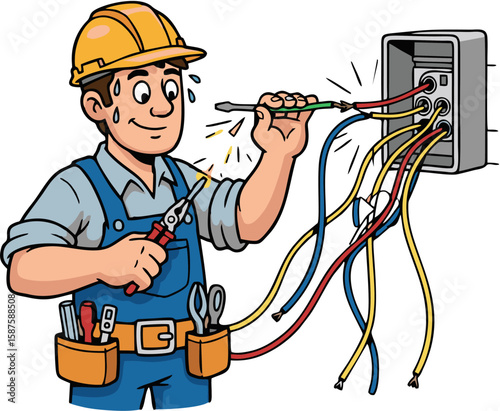 Cartoon electrician in hard hat repairing wires with pliers, sweat dripping from his brow, working on an electrical box.