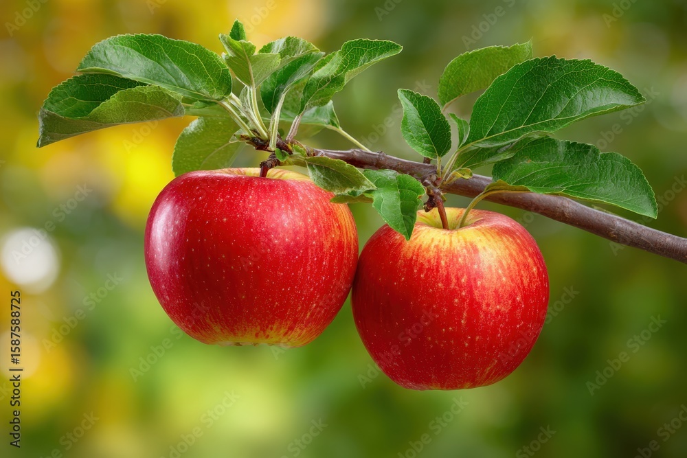 Obraz premium Two red apples hang on a branch amid green leaves set against a blurred green and yellow background