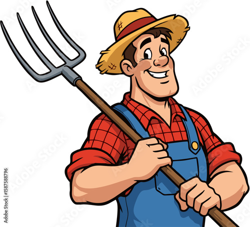 A cheerful cartoon farmer proudly holds a pitchfork, embodying rural life and agricultural work.