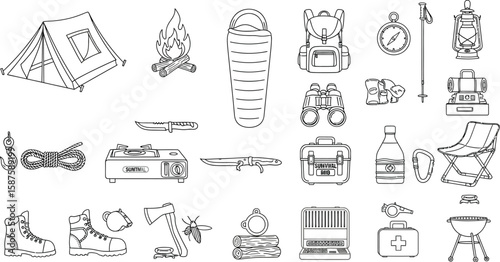 Vector icon set of camping and survival gear