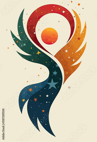 Symbolize Inspiration and Triumph: Abstract Illustration of a Dynamic Figure Reaching Upward with Flowing, Star-Filled Forms, Representing Success, Innovation, and Achieving Dreams.
