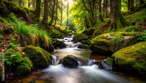 Tranquil forest stream, a journey through lush greenery and cascading waters serene