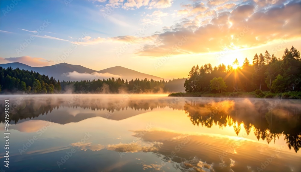 Fototapeta premium Majestic mountain lake reflection, serene nature landscape photography for peaceful scenery