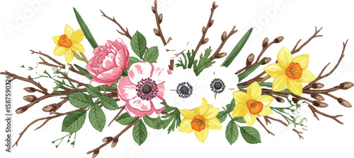 Nature-themed horizontal divider with wildflowers and branches, balanced and stylized, Adobe Illustrator