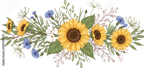 Nature-themed horizontal divider with wildflowers and branches, balanced and stylized, Adobe Illustrator