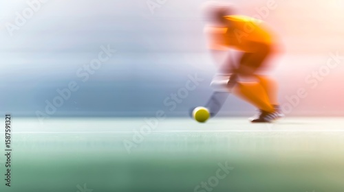 Blurred motion of a field hockey player striking a ball during a game