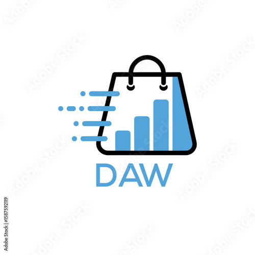 Modern Digital Shopping Logo with Growth Bar and DAW Letters – Ecommerce and Analytics Concept. DAW Letter Logo.
