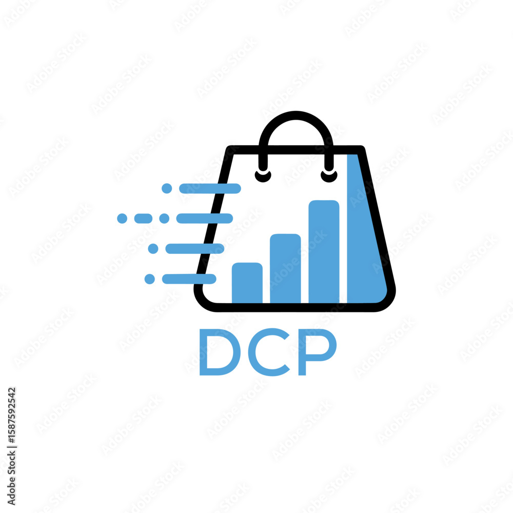 Fototapeta premium Modern Digital Shopping Logo with Growth Bar and DCP Letters – Ecommerce and Analytics Concept. DCP Letter Logo. 