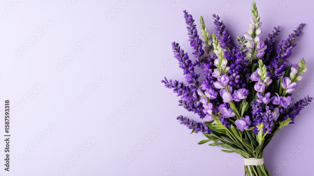 Obraz premium Bouquet of purple wildflowers with green leaves on light purple background, fresh and vibrant floral arrangement