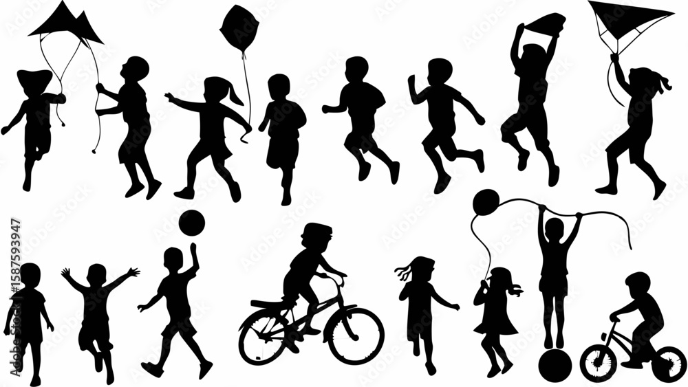 Obraz premium Silhouette illustration of children playing with kites, balloons, a ball, and riding a bicycle on a white background