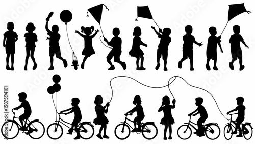 Silhouette of children playing with kites balloons bikes and jump rope in a playful outdoor scene image