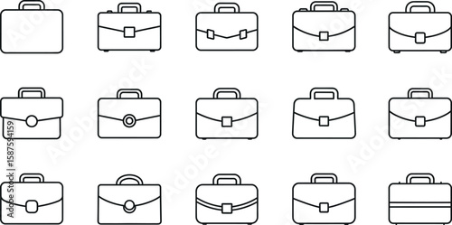 Vector art of set of fifteen briefcase icons isolated on white background
