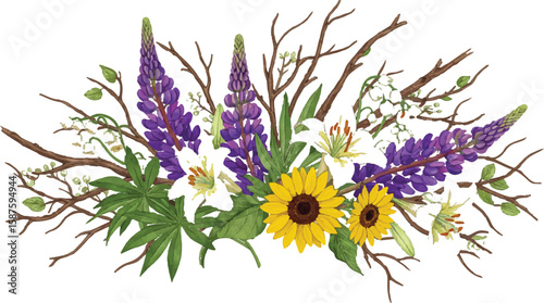 Nature-themed horizontal divider with wildflowers and branches, balanced and stylized, Adobe Illustrator