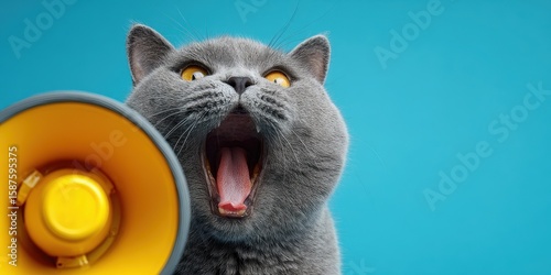 Cat Shouting. Creative Idea of Funny Grey Cat Screaming into Yellow Megaphone on Blue Background