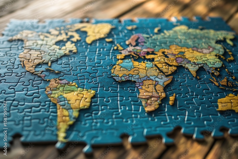 Naklejka premium Half-complete blue puzzle forming world continents on table, top-down photography style