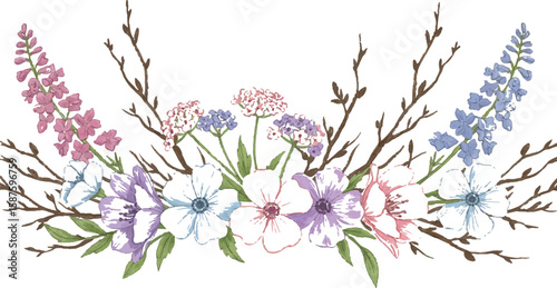 Nature-themed horizontal divider with wildflowers and branches, balanced and stylized, Adobe Illustrator