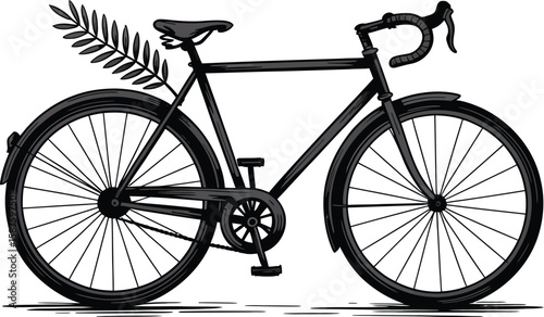 A black and white illustration of a bicycle with a plant behind the seat on a light background