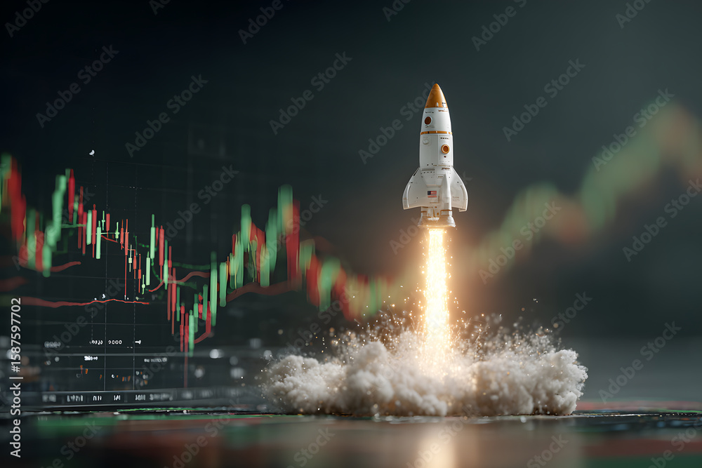 Fototapeta premium 3D Rocket launching symbolizing financial growth and investment success.