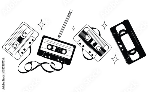 Retro Cassette Tape Icon Set – Silhouettes of Tapes, Unraveled Reels, and Pencil Rewind Symbol