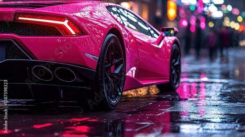 Pink sports car on a rainy city street