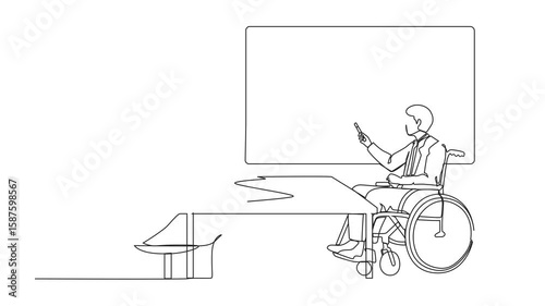 Self drawing animation of continuous line drawing disabled man giving presentation to colleagues. Businessman listening to disable executive in wheelchair presenting business. Full length animated