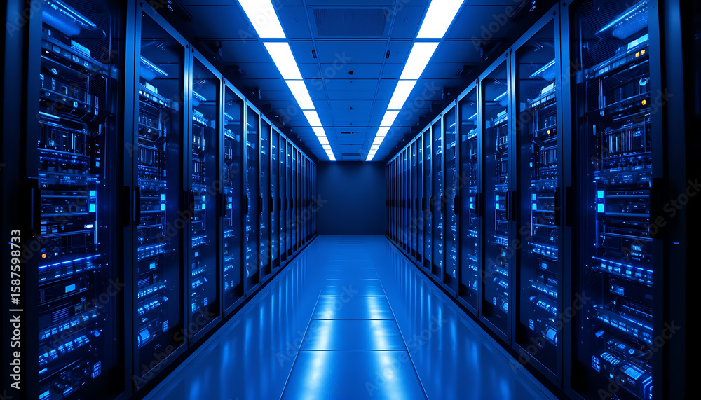 Fototapeta premium Rows of powerful servers illuminate a modern data center's long, cool corridor.