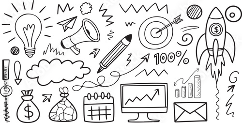 Business icon, hand drawn startup icon, doodle business or startup icon set.Business money sketch idea icon set. Hand drawn sketch elements for startup, project, goal and teamwork. Business graphic ch