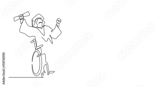 Animation of single continuous line drawing disabled bachelor. Young happy Arab man graduate master holding diploma in hand sitting in wheelchair. One line self drawing animated. Full length motion