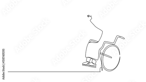 Self drawing animation of single continuous line drawing Arabian man sitting in wheelchair, raising hands in happiness, rehabilitation concept. Happy young man in wheelchair. Full length animated