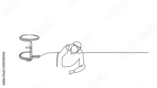Self drawing animation of single one line drawing Arabian businessman fell off wheelchair sitting on floor. Disabled male patient accident and crawling for help in hospital room. Full length animated
