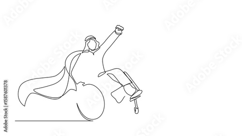 Animation of single one line drawing disable Arab man sitting in wheelchair flat character concept. Superhero with disability, power of mind. Continuous line self drawing animated. Full length motion