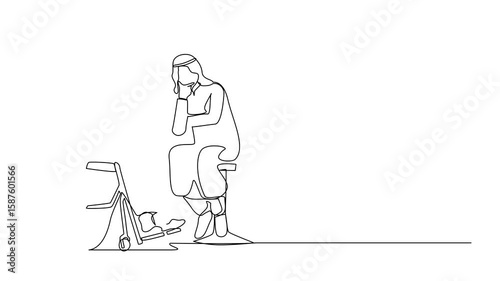 Self drawing animation of single continuous line drawing disabled Arabic man patient in wheelchair talking with doctor, discuss of medical examination. Doctor hold checklist. Full length animated