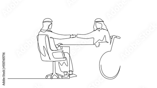 Animated self drawing of single continuous line drawing disability employment. Disabled Arabic man sit in wheelchair shaking hand with boss introducing new workplace. Full length single line animation