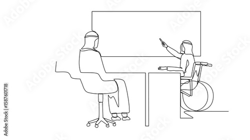 Self drawing animation of single continuous line drawing disabled Arab businessman giving presentation to colleagues. Disability executive in wheelchair presenting in office. Full length animated