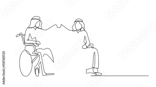 Self drawing animation of single one line drawing happy disabled Arabian man give high five coworker. Office worker sitting in wheelchair. Colleague celebrating. Good job sign. Full length animated