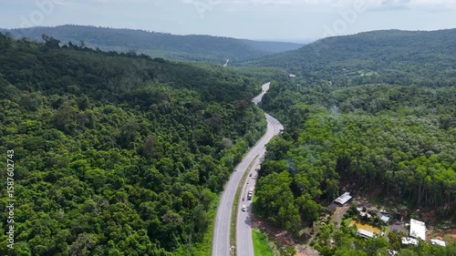 Drone footage of the Thailand forest. Aerial view of dense tropical rainforest with lush green trees under a blue sky. Natural forest landscape in Southeast Asia