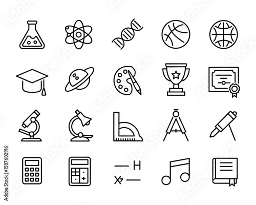 School Subjects Vector Icon Set  Chemistry, Science, Math, Art, Sports, Books, Award, Globe, Education, Learning  Adjustable Line Weight