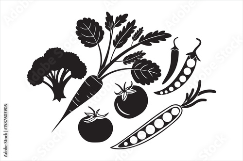 Black and White Vegetable Illustration Carrot Broccoli Tomatoes Peas Chili Peppers