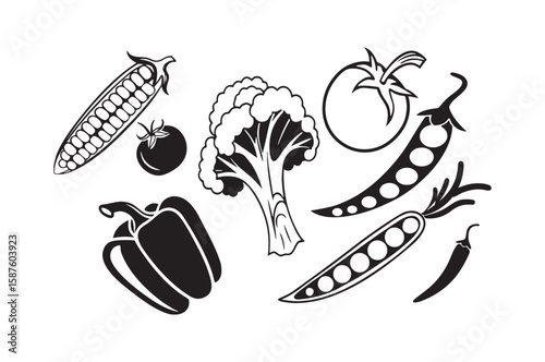 Black and White Vegetable Illustration Corn Broccoli Peppers Peas Tomato Chili
