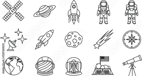 Vector art of a collection of space exploration icons isolated on white background depicts various elements of space travel and astronomy