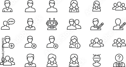 Vector art of a collection of user and people icons isolated on white background represents various profiles, avatars, and group dynamics