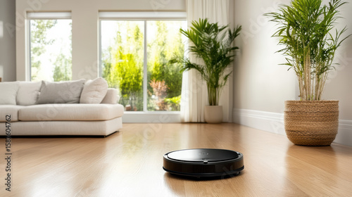Stylish robotic vacuum cleaning modern living room with plants and natural light