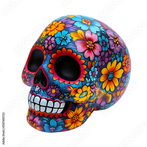 Celebrate Dia de los Muertos with this skull adorned with vibrant floral designs against a stark transparent background.