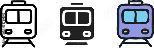 Three train icons: outline, solid black, and colored in purple and blue.