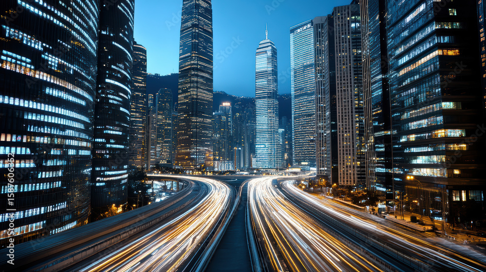 Obraz premium City skyline skyscrapers urban landscape night scene illuminated buildings traffic lights modern