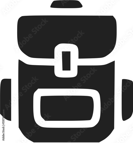 Stylized graphic illustration of a backpack with a flap closure and side pockets, depicted in a solid dark color.
