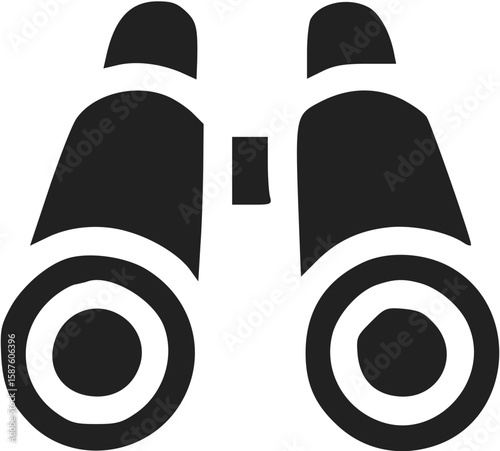 Black and white graphic illustration of binoculars, front view.