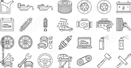 Vector art of a collection of outlined icons representing car service, repair, and automotive maintenance elements