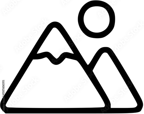 Minimalist line drawing of a mountain range with a sun or moon above.